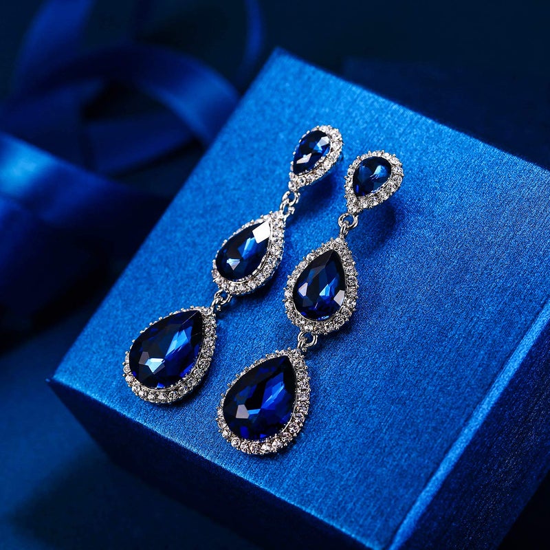 EleQueen Women's Silver-tone Crystal Tear Drop Pear Shape Long Dangle Earrings Royal Blue - Image 5